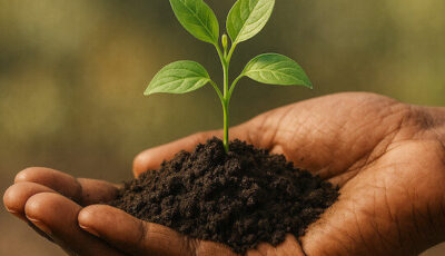 A realistic digital illustration of a brown hand gently cupping rich dark soil with a small vibran 1