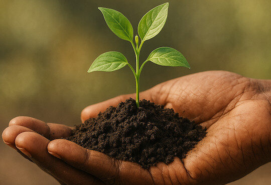 A realistic digital illustration of a brown hand gently cupping rich dark soil with a small vibran 1