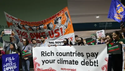 Advocates of rich countries paying their climate debt to the Global South gather at the United Nations Climate Change Conference (COP29) in Baku, Azerbaijan, on November 22, 2024. (Photo by Kiara Worth/United Nations Climate Change) Advocates of rich countries paying their climate debt to the global south