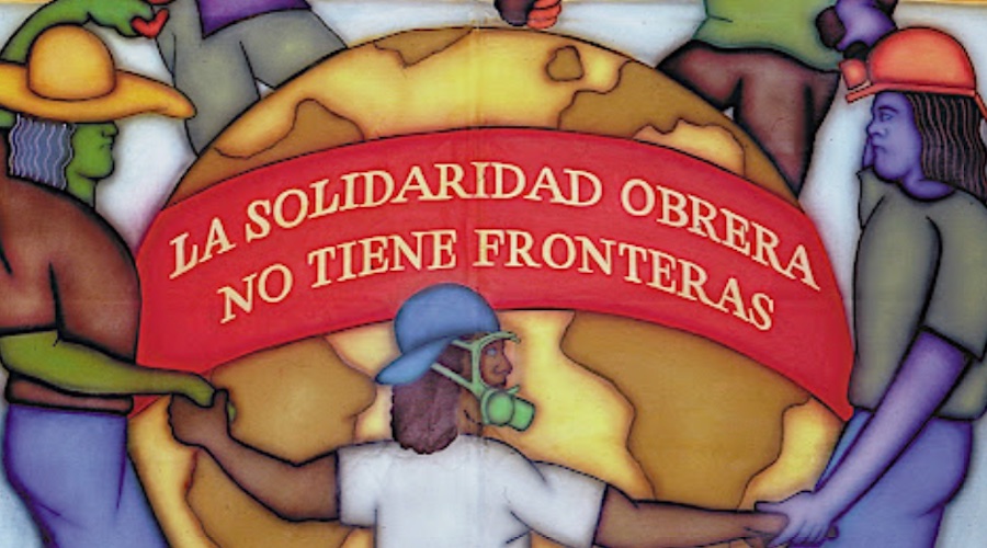 Worker in the New World Order: International Solidarity - One of five portable murals for the founding convention of the ICEM, 1995 - Dedicated to imprisoned striking Nigerian oil workers | Image credit: Mike Alewitz, ZNetwork